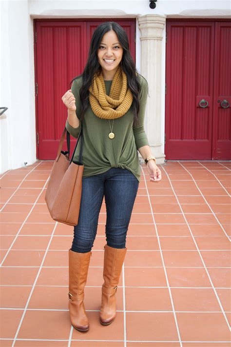 green twist sweater scarf skinnies riding boots tote casual fall outfits fall outfits