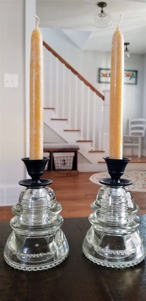 Beautiful And Unique Pair Of Glass Insulator Candlestick Holders Cool