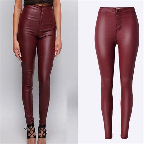 Brand Jeans Women Sexy Wine Red High Wiast Faux Leather Biker Pants