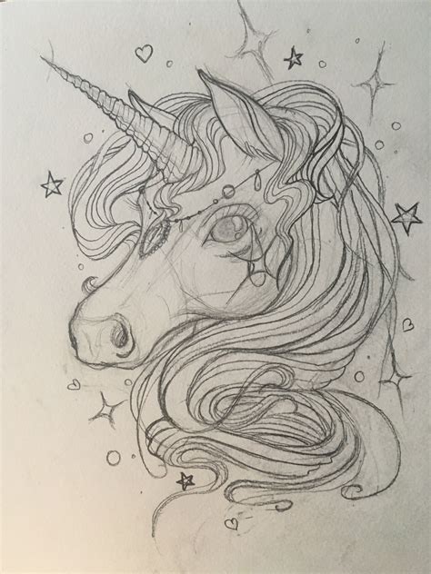 A Pencil Drawing Of A Unicorns Head With Stars On The Forehead And Tail
