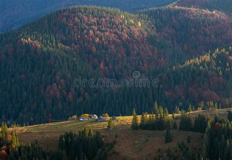 Colorful Autumn Landscape In The Mountain Village Foggy Morning In The