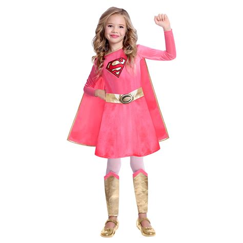 Childs Pink Supergirl Fancy Dress Costume Dc Comic Superhero Girls Race
