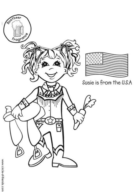 Kleurplaat Susie uit Amerika met vlag. Gratis kleurplaten om te printen