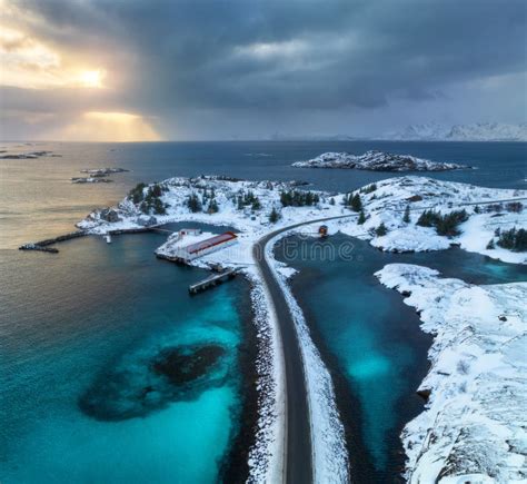 Aerial View Of Road Island In Snow Rorbu Sea Bridge Stock Photo