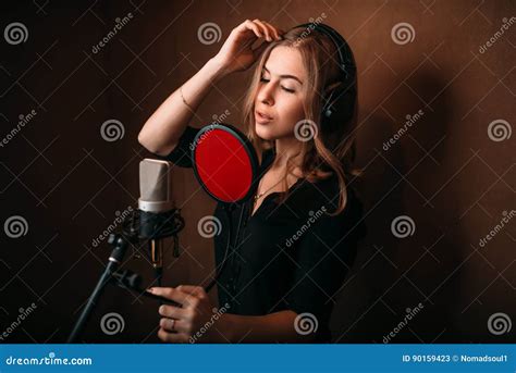 Female Singer Recording A Song In Music Studio Stock Image Image Of
