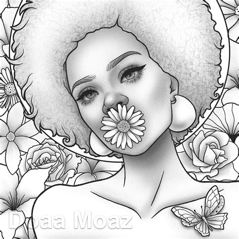 Printable coloring page Black girl floral portrait Etsy México
