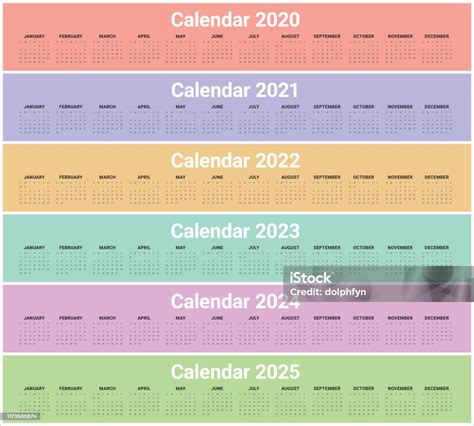 Yıl 2020 2021 2022 2023 2024 2025 Takvim Vektör Tasarım Şablonu Stok