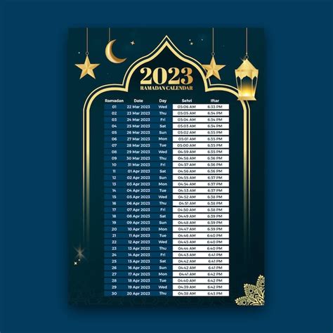 Premium Vector Ramadan 2023 Iftar And Sehri Schedule Calendar Design