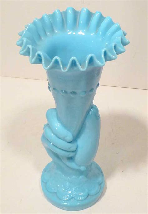 Vintage Blue Opaque Glass Hand Vase From Collectors Row On Ruby Lane
