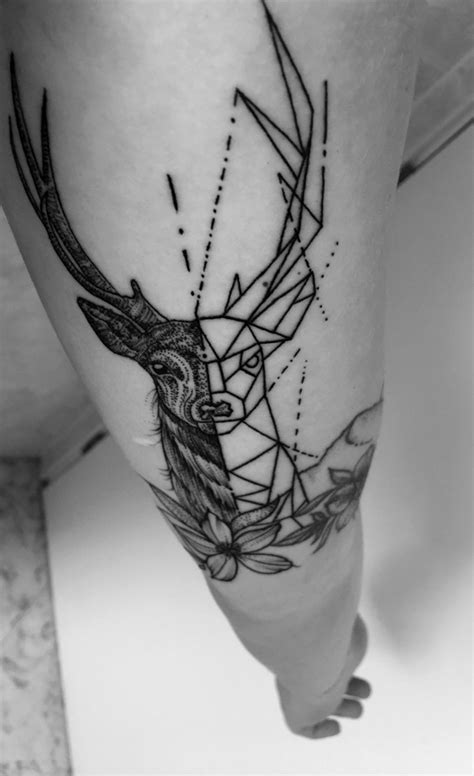Half And Half Geometric And Realistic Deer Tattoo Newest Addition