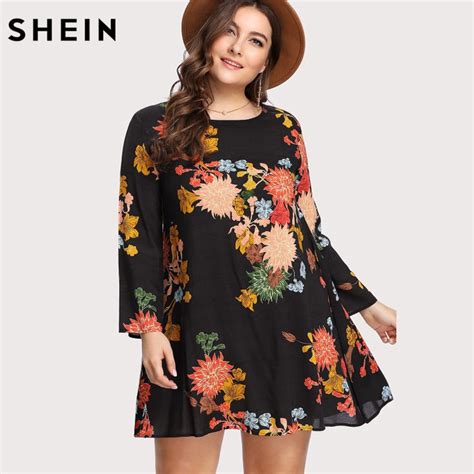 Buy Shein Spring Plus Size Flower Print Dress Swing