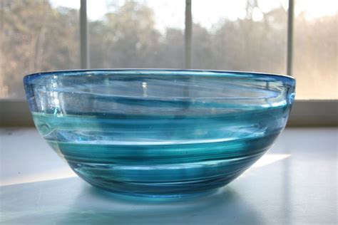 Aquamarine And Teal Green Handblown Glass Bowl Large Bowl Centerpiece Serving Bowl By