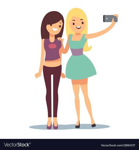 Happy Smiling Young Women Friends Taking Selfie Vector Image