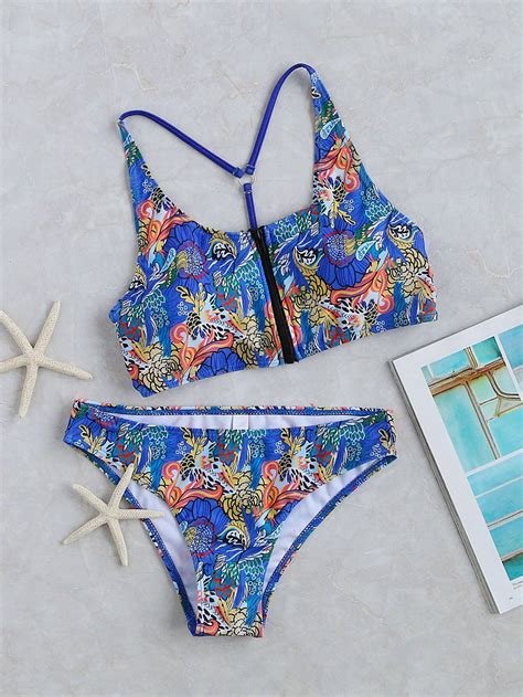 Blue Floral Print Front Zipper Bikini Set Shein Sheinside