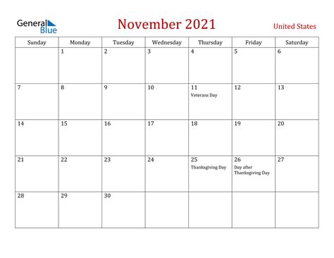 November 2021 Calendar United States