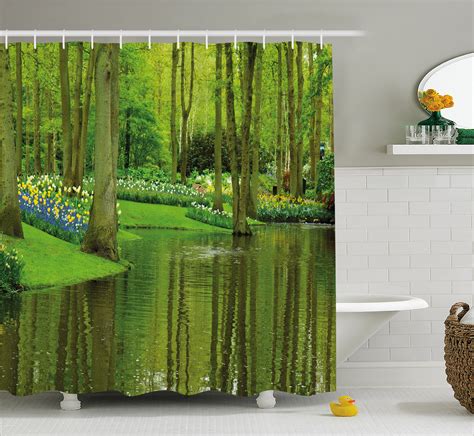 Nature Shower Curtain Forest With Lake Dutch Garden Pastoral Woodland