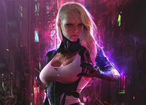 壁纸 机器人 cyberpunk 科幻小说 未来派 妇女 金发女郎 紫色的眼睛 幻想艺术 幻想的女孩 艺术品 数字艺术