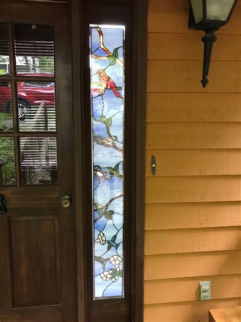 Stained Glass Sidelight With Cardinal Chickadee And Hummingbirds Side
