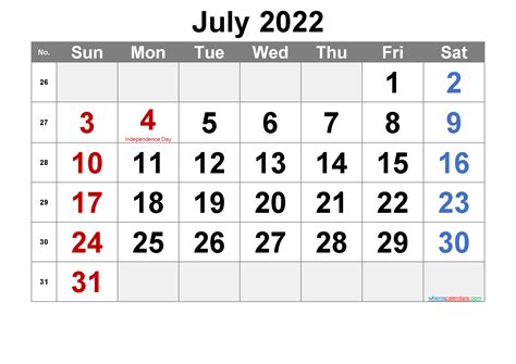 Printable July 2022 Calendar With Holidays Template Noar22m31