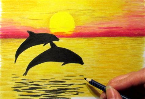 Landscape In Colored Pencil Sunset And 2 Dolphins Drawing Jasmina