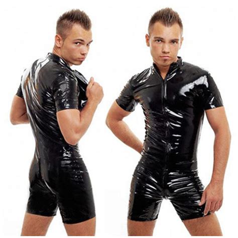 New Latex Catsuit Faux Leather Man Jumpsuits Stretch Pvc Bodysuits Sexy