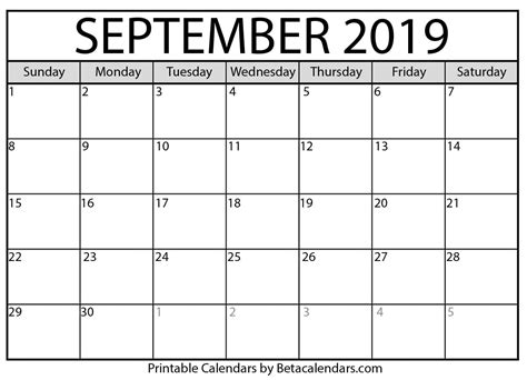 Blank September 2019 Calendar Printable Beta Calendars