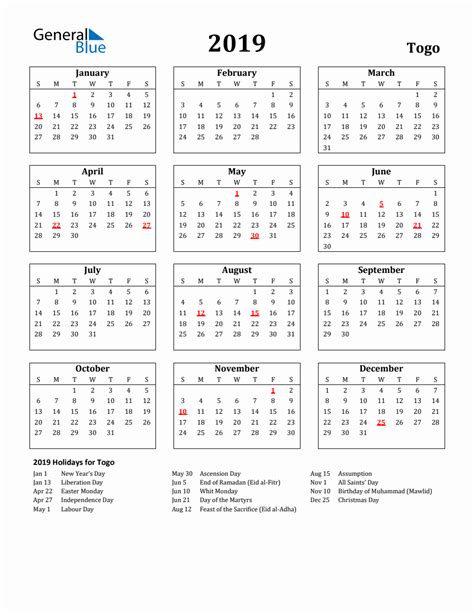 Free Printable 2019 Togo Holiday Calendar