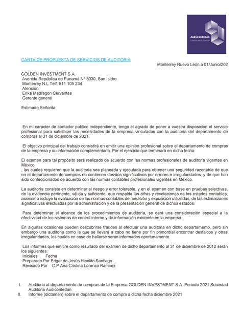 Modelo De Carta Propuesta De Servicios Profesionales De Auditoria My