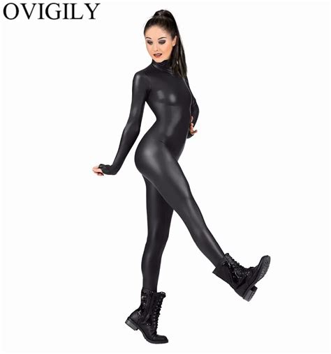 Adult Black Long Sleeve Shiny Metallic Unitard Womens Lycra Spandex Plus Size Full Bodysuit