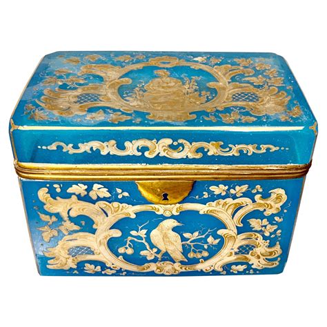 Antique French Blue Opaline Glass Casket Having A Hinged Doré Bronze