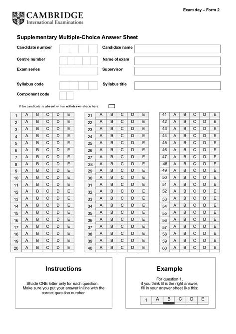 Supplementary Multiple Choice Answer Sheet Exam Day Form 2