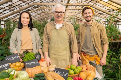 Senior Farmer Selling Organic Food With Young Assistants Stock Photo