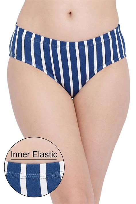 Buy Cotton Mid Waist Striped Hipster Panty With Inner Elastic In Blue