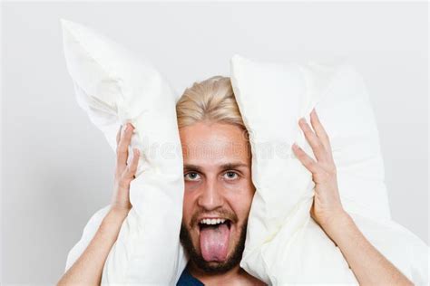 Man Playing With Pillows Good Sleep Concept Stock Photo Image Of