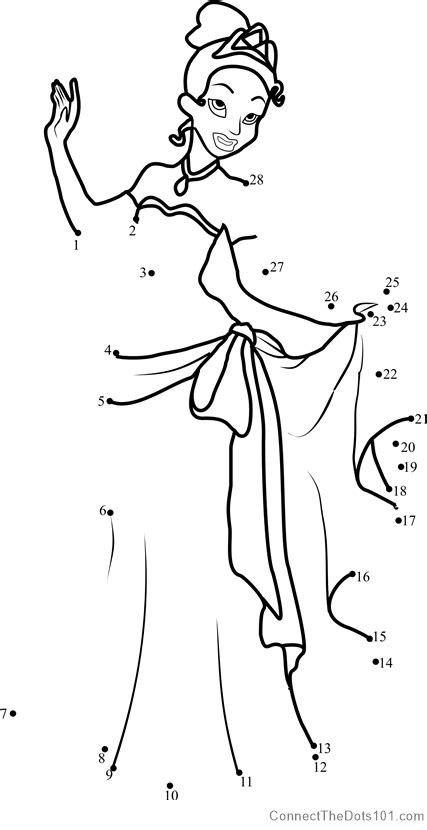 Plus, when you finish connecting the dot, you can color them in. Tiana dot to dot printable worksheet - Connect The Dots