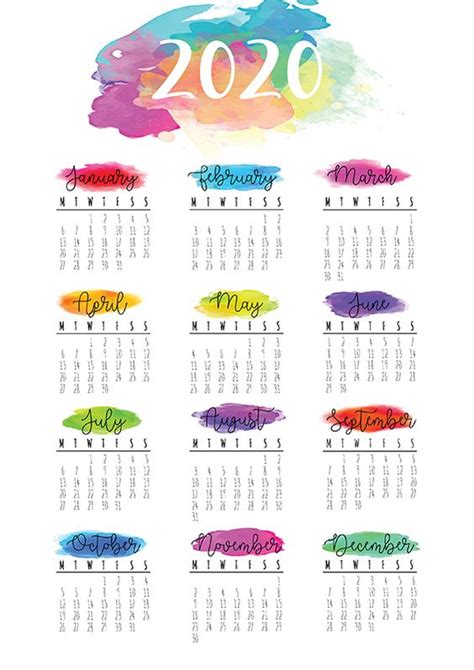 Free 2020 Watercolor Calendar Art Creative Watercolor Calendar