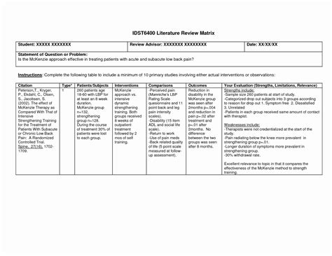 A review matrix can help you more easily spot differences and similarities between journal articles about a given research topic. Literature Review Summary Table Template | Latter Example ...