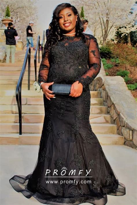 Beaded Black Lace Plus Size Long Prom Formal Dress Promfy