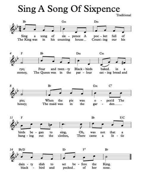 We got easy acoustic and electric guitar songs, fingerstyle songs, riffs, and guitar. Free Sheet Music for Sing A Song Of Sixpence. Children's Song. Enjoy! | Lead sheet, Music ...
