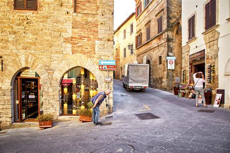 Tourists In Historic Center Of City Montepulciano Italy Editorial