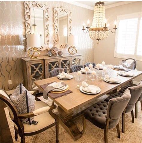 A rustic cellar in a boston rowhouse designed by jae joo gets a sleek upgrade with polished dark gray and black dining chairs and floral vases atop a nondescript table. Glamour creams and gold dining room with rustic touches ...
