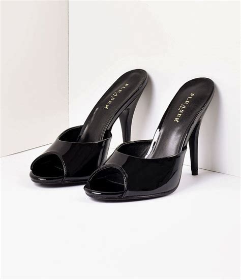 Unique Vintage Black Patent Leather Peep Toe Slip On Mule Heel Shoes