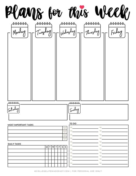 Printable Cute Weekly Planner Template Free Printable Templates