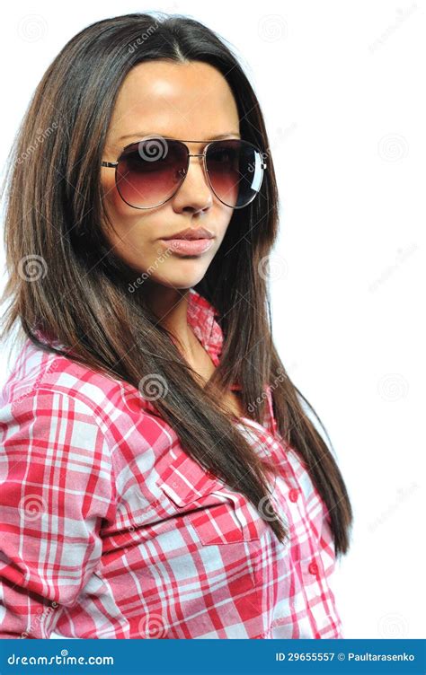 Fashion Model Posing Isolated On White Wearing Sunglasses Closeup Stock Image Image Of Face