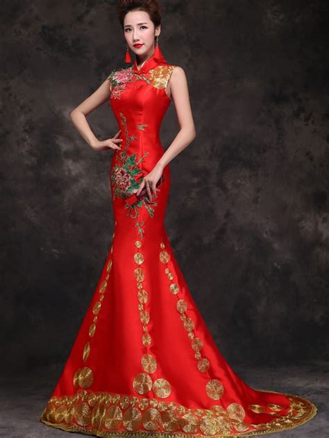 Red Embroidered Trumpet Mermaid Wedding Qipao Cheongsam Dress Chinese