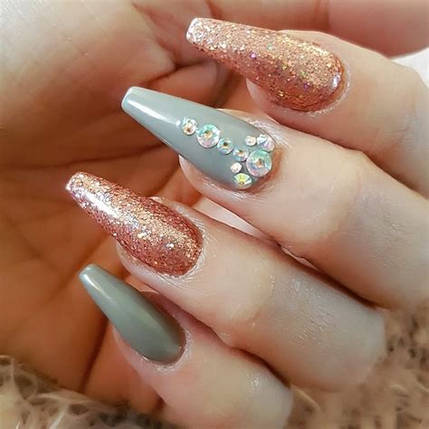 Grey And Peach Acrylic Sculpted Nails With Glitter And Gems Sculpted Nails Nails Glitter Nails