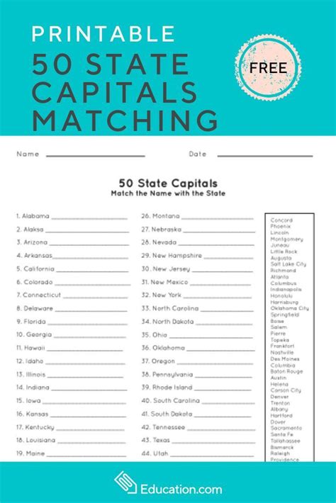 States And Capitals Matching Worksheet 50 State Capitals State