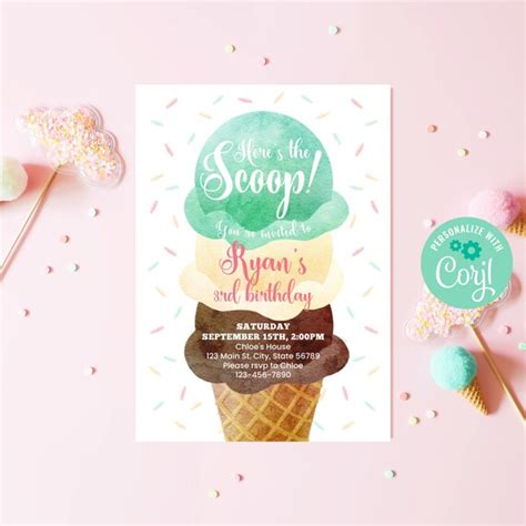 Editable Ice Cream Birthday Invitation Template Instant Etsy