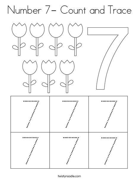 Number 7 Count And Trace Coloring Page Twisty Noodle Math