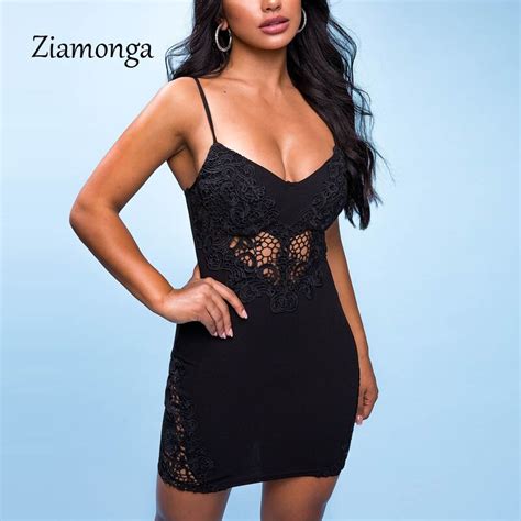 Ziamonga Sexy Lace Patchwork Spaghetti Strap Bodycon Dress 2019 Summer Women V Neck Bandag Mini